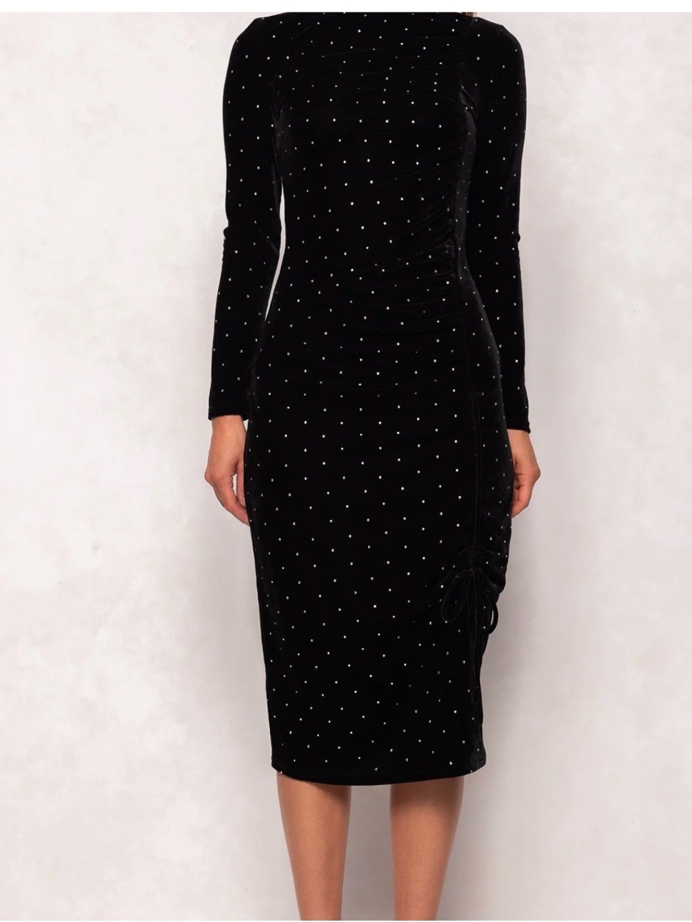 Ivy City Co Black Velvet Long-Sleeve Midi Dress with Rhinestone Dots